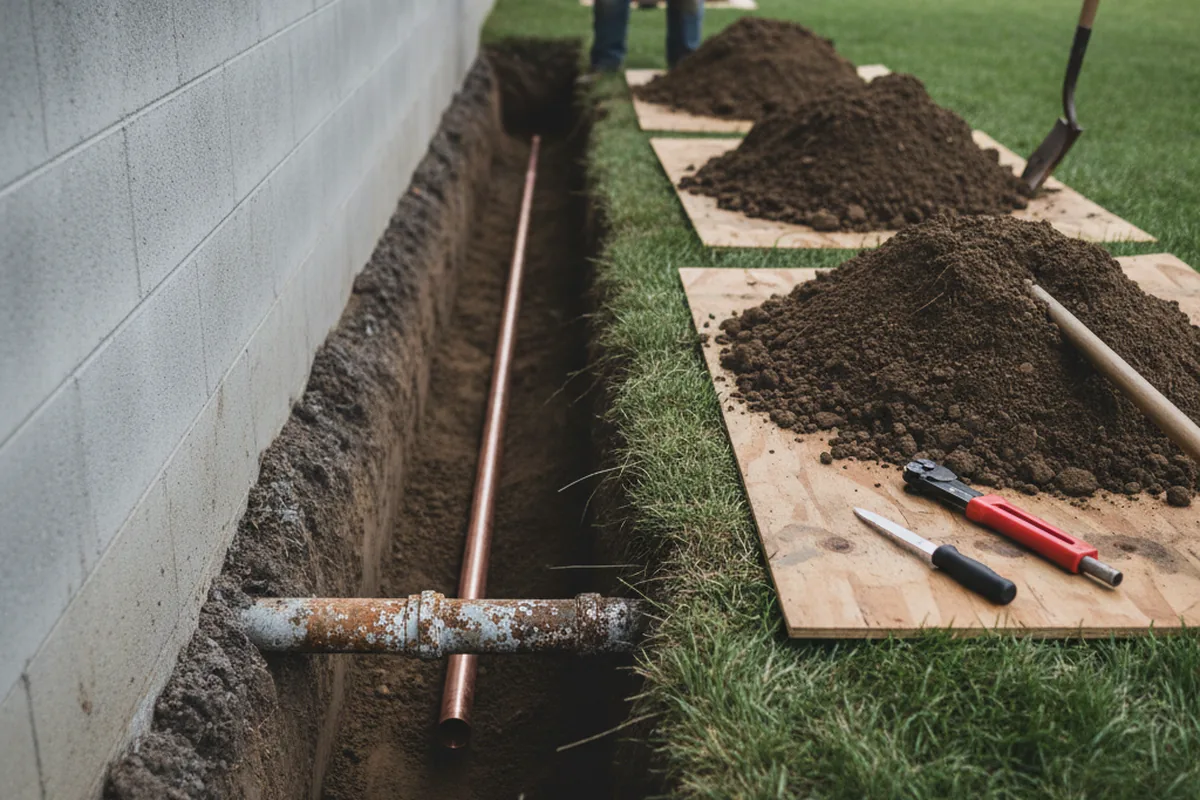 Excavated water line trench during Water Heater Repair in Montour